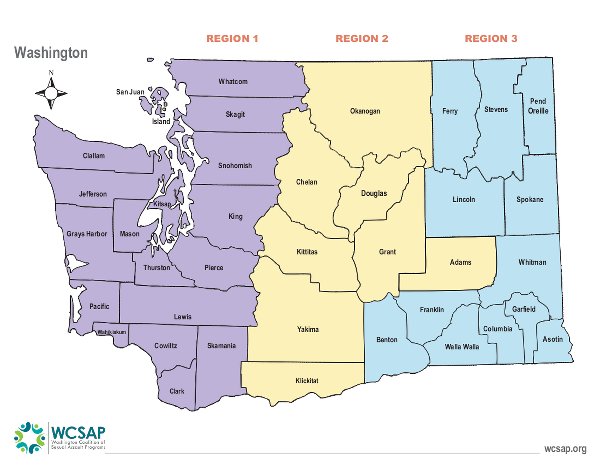 Map of Washington showing WCSAP's 3 regions